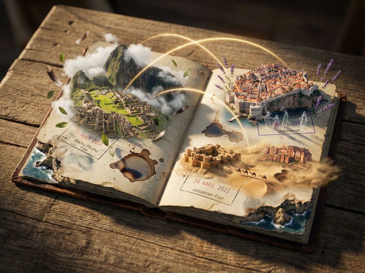 Epic 3D scene: a weathered passport lies open, its visa stamp... 4