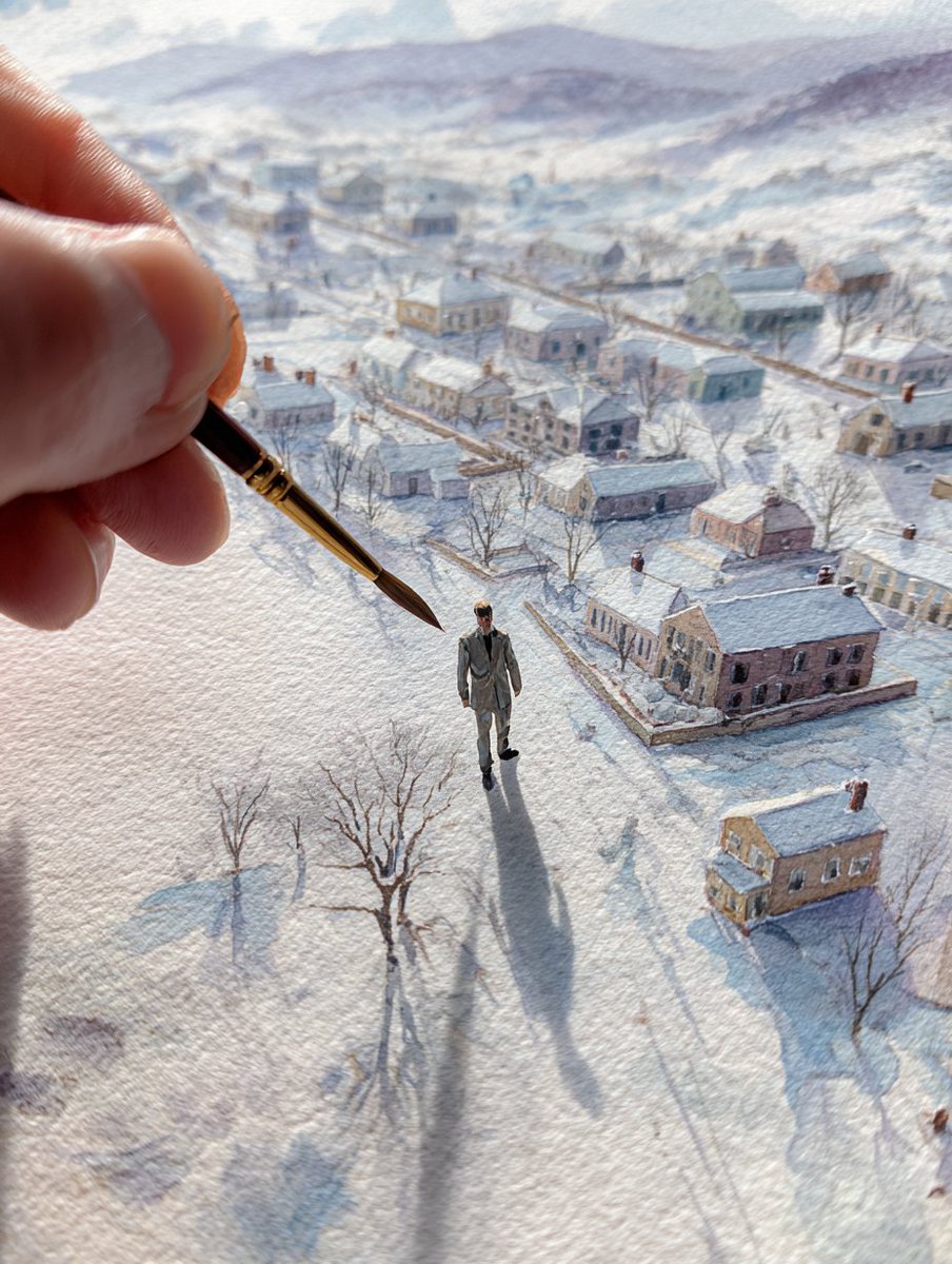 A winter landscape painted with paints and brushes.