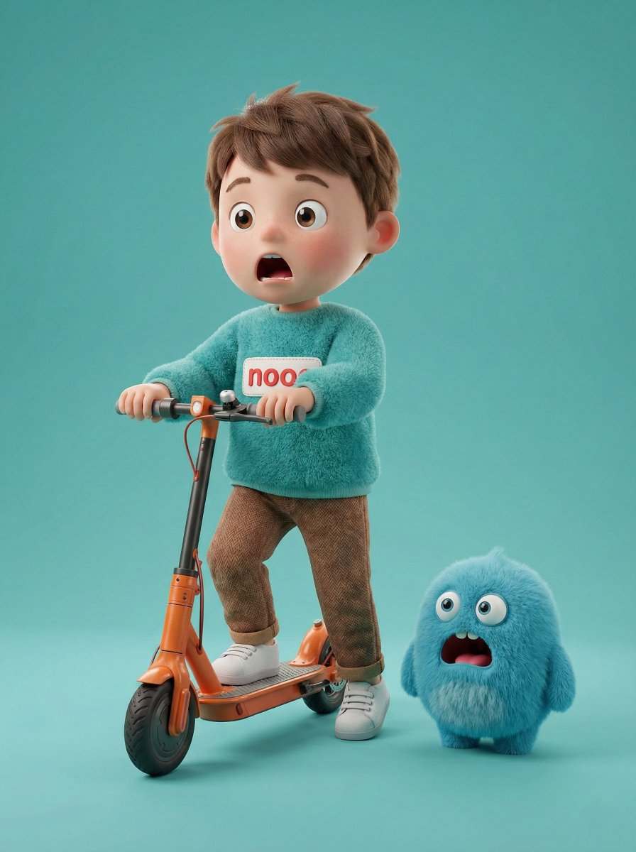 A high quality 3D render of a cute young boy riding an orange...