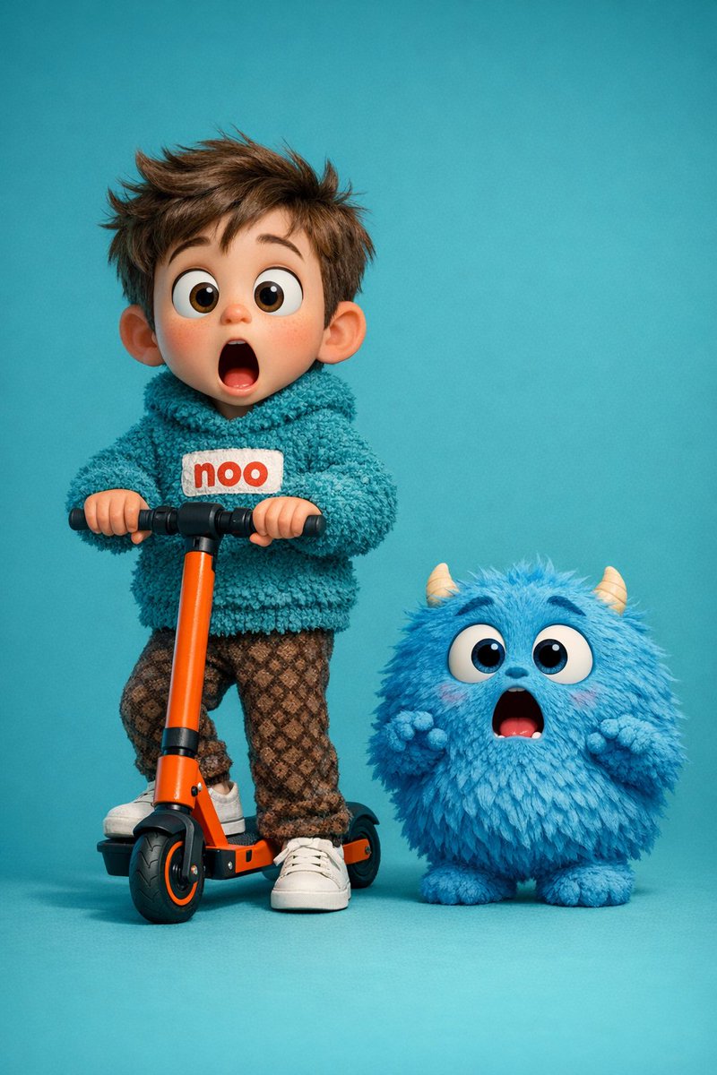 A high quality 3D render of a cute young boy riding an orange... 2