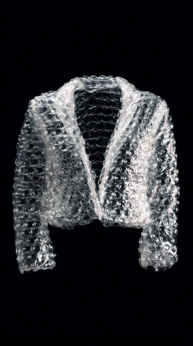 "prompt": "A studio shot of a transparent bubble wrap fashion... 2