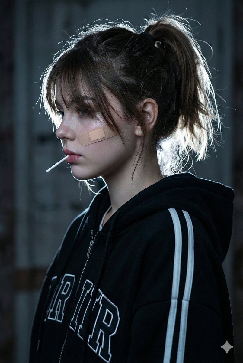 ​A cinematic close up side profile portrait of a young woman...