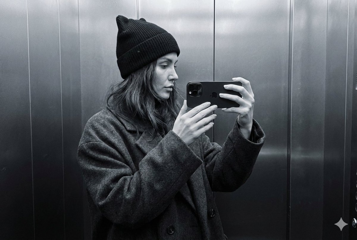 A photorealistic profile selfie, minimalist and monochrome: a...