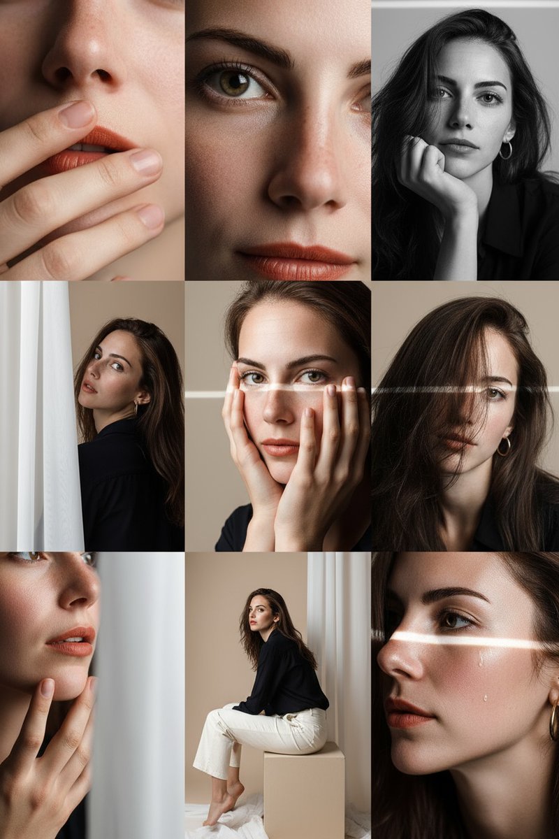 In a soft beige studio, create a 3x3 grid of finely edited photos.