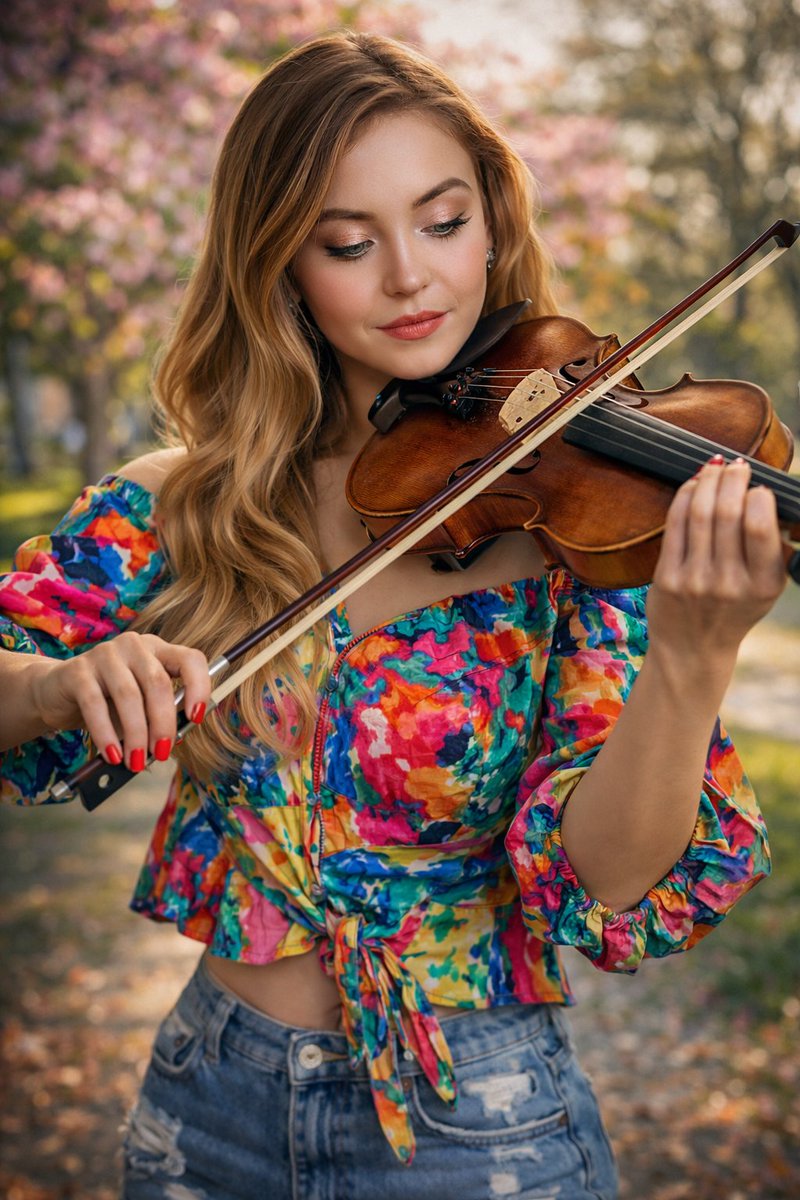 A realistic young woman playing the violin, wearing a slightl... 2