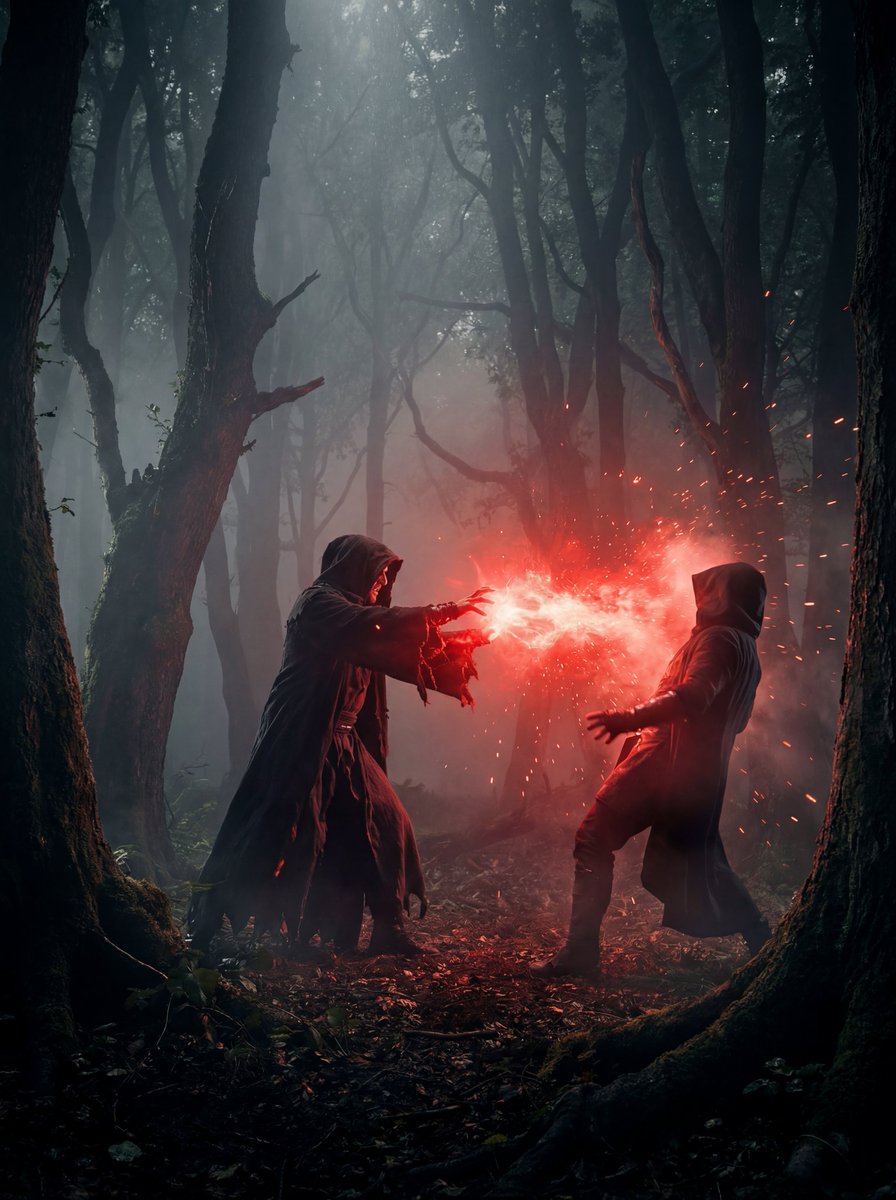 A dramatic cinematic scene in a dark foggy forest where two h... 2