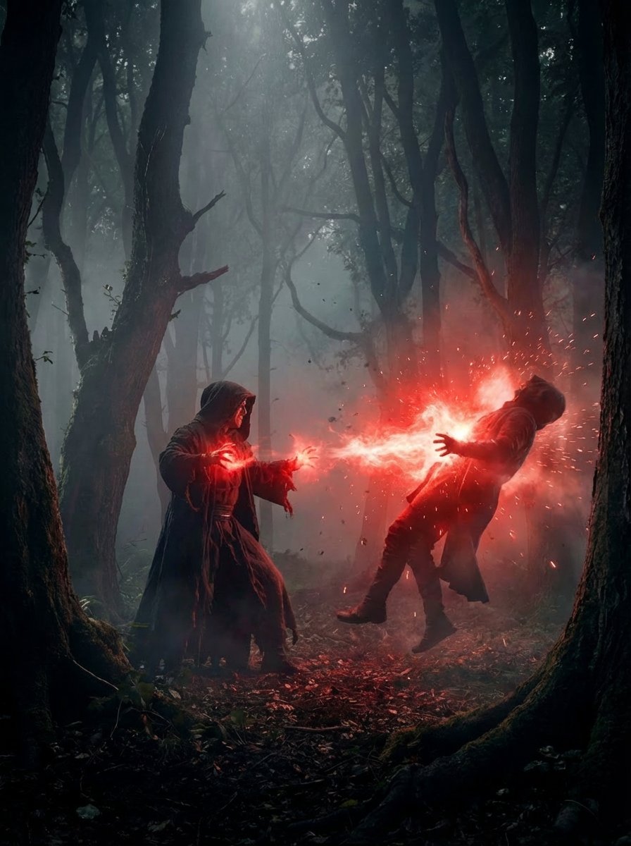 A dramatic cinematic scene in a dark foggy forest where two h... 3