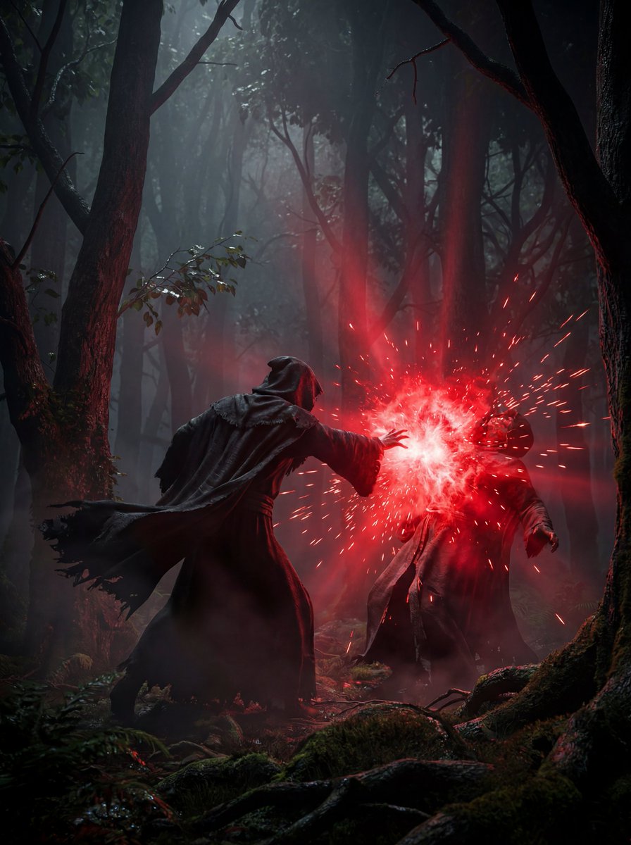 A dramatic cinematic scene in a dark foggy forest where two h... 4