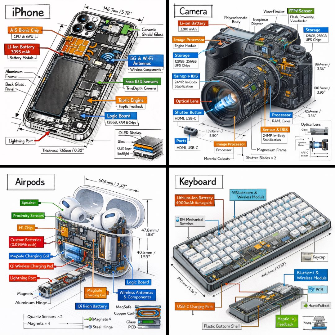 Create a technical infographic of [OBJECT] with a 45 degree i...