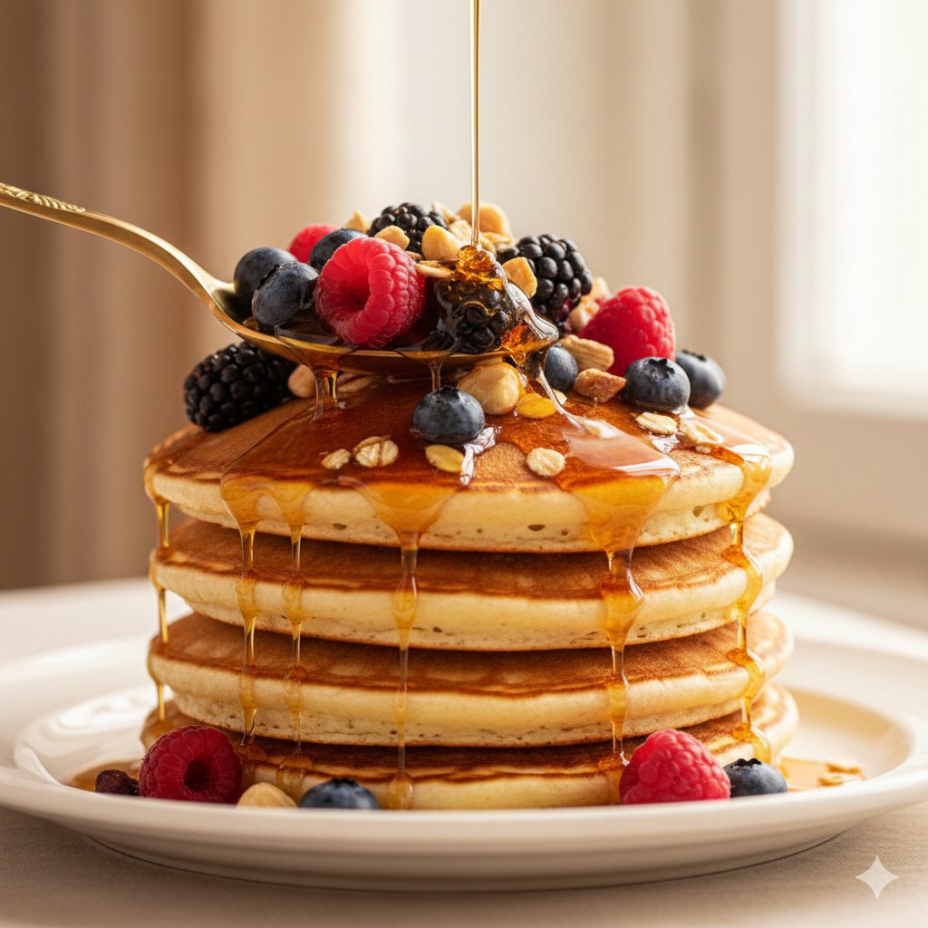 Ultra luxury food commercial of a stack of thick, fluffy Amer...