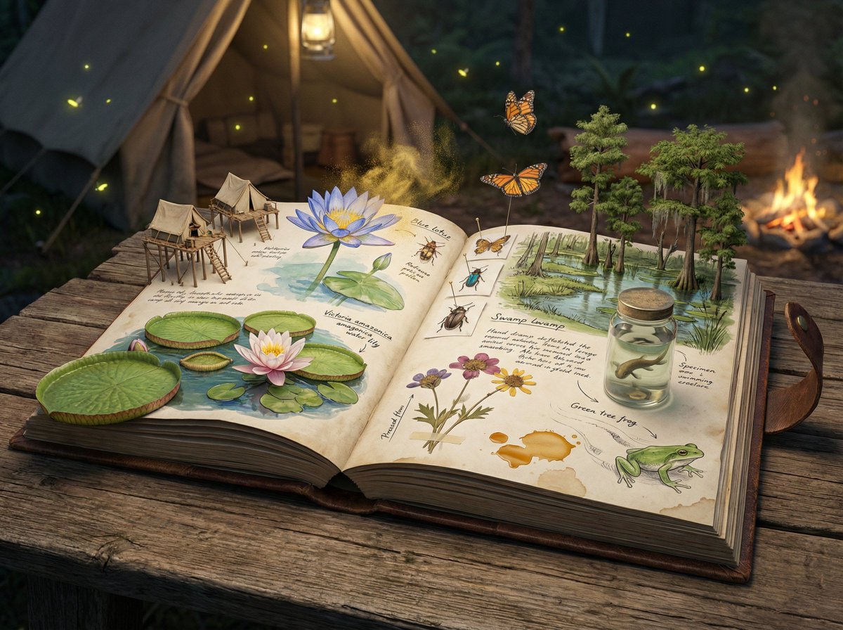 Epic 3D scene: a weathered field journal lies open on a natur... 2