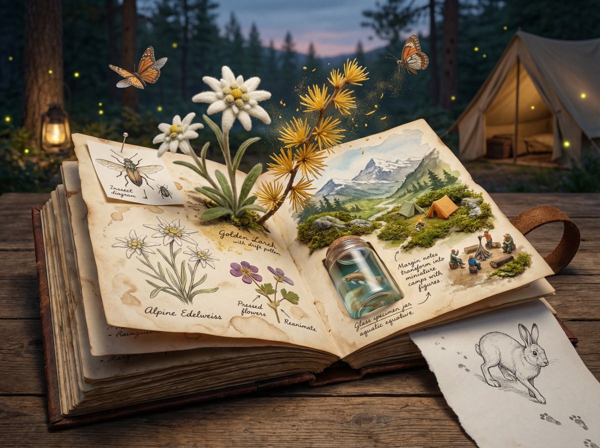Epic 3D scene: a weathered field journal lies open on a natur... 3