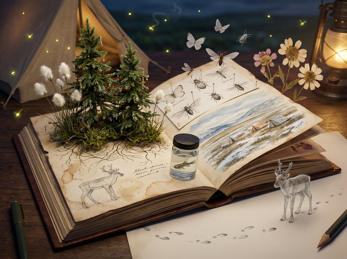 Epic 3D scene: a weathered field journal lies open on a natur... 4