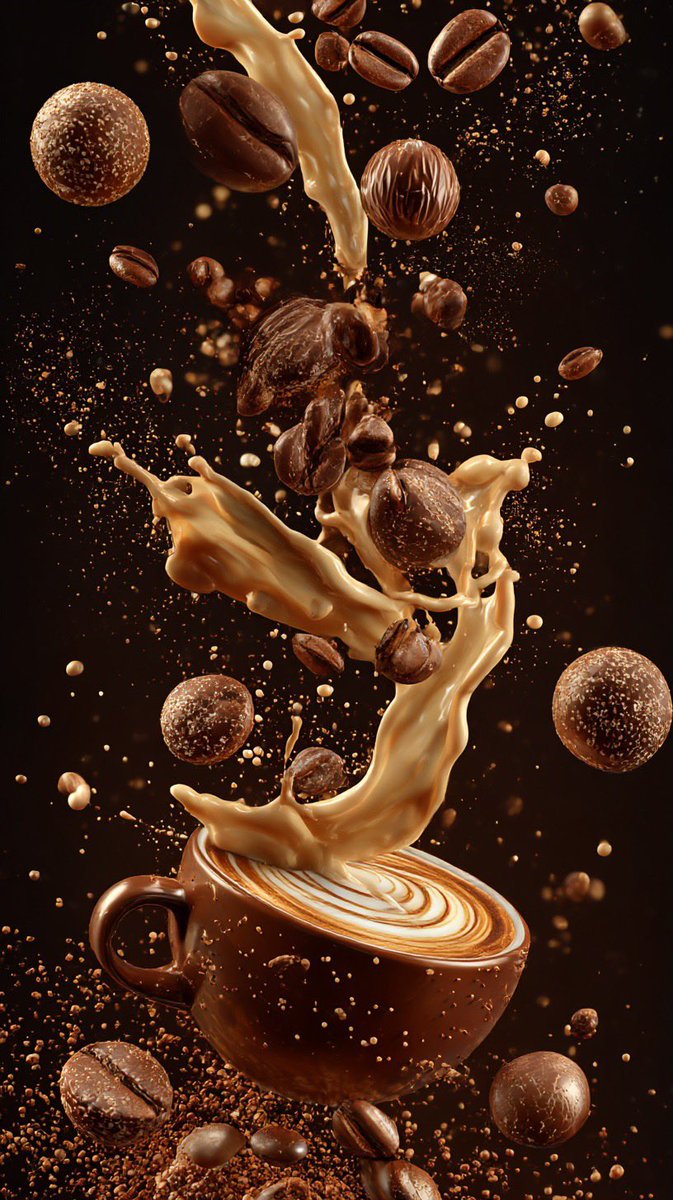 Ultra cinematic vertical composition of coffee elements suspe...