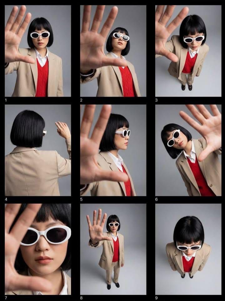 Editorial fashion contact sheet of a modern woman with a shar...