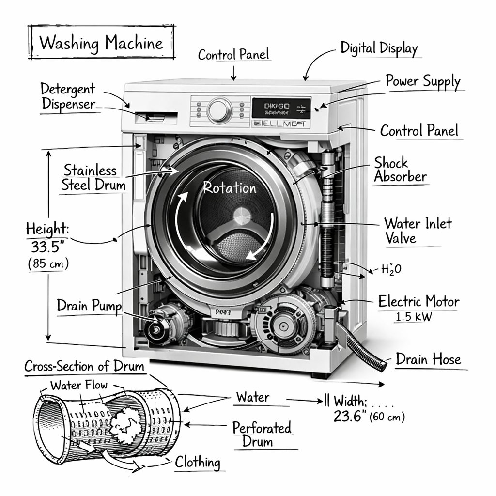 Create an infographic image of [washing machine], combining a... 3
