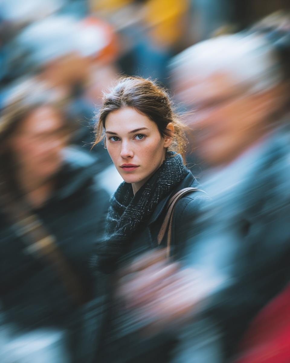 Ultra realistic cinematic street portrait of a young woman st...