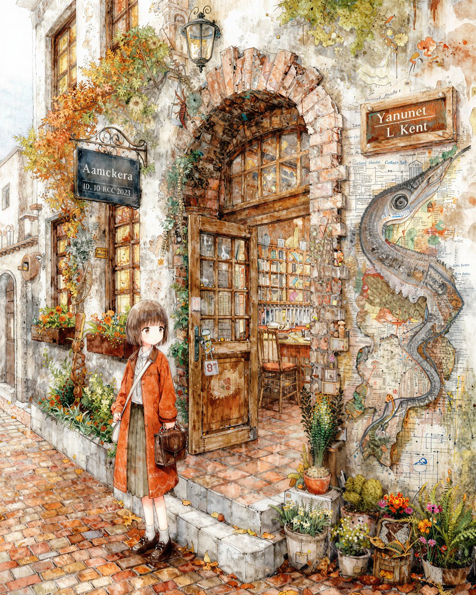 In front of a used bookstore in autumn.