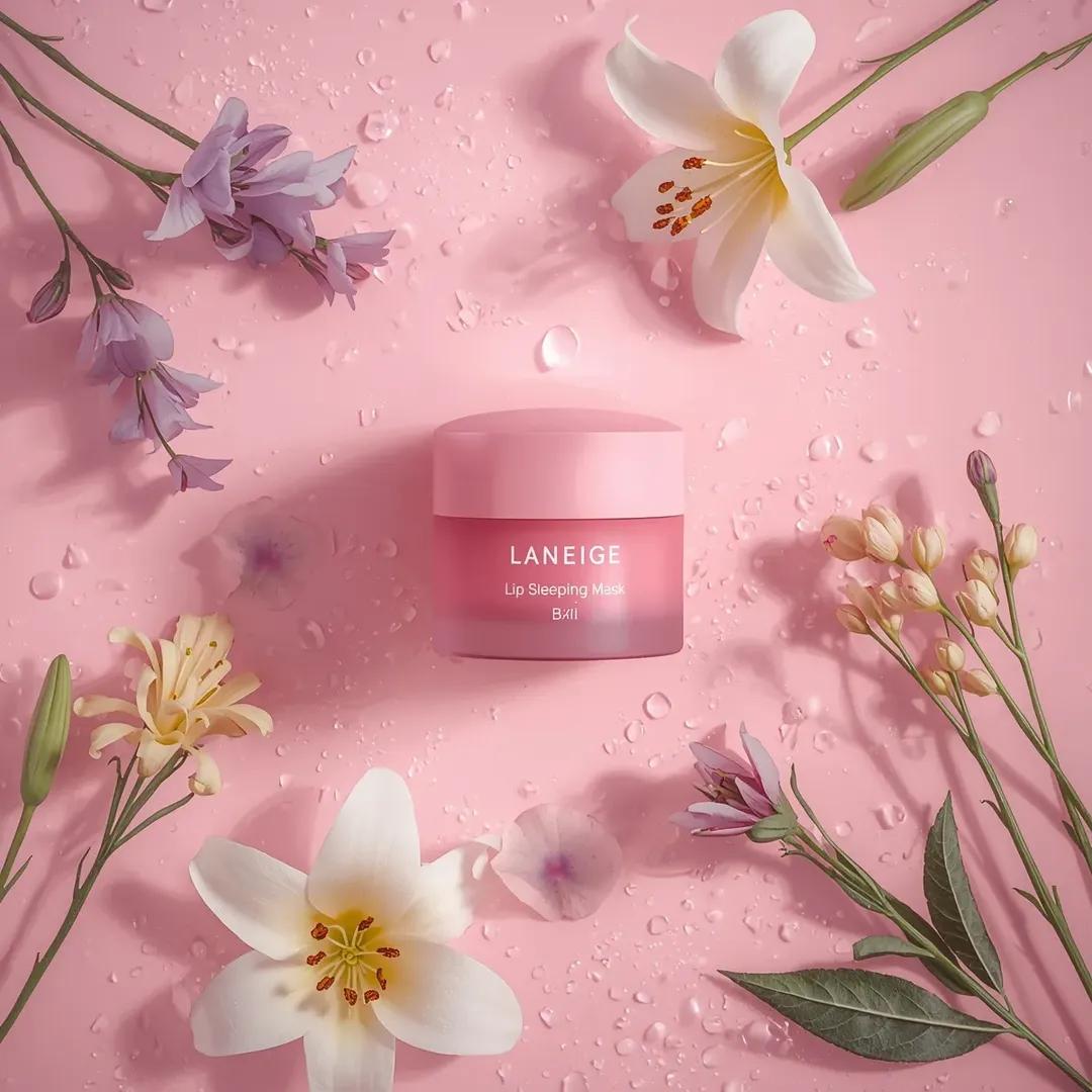 A hyper realistic beauty product photograph of a pink [LANEIG... 2