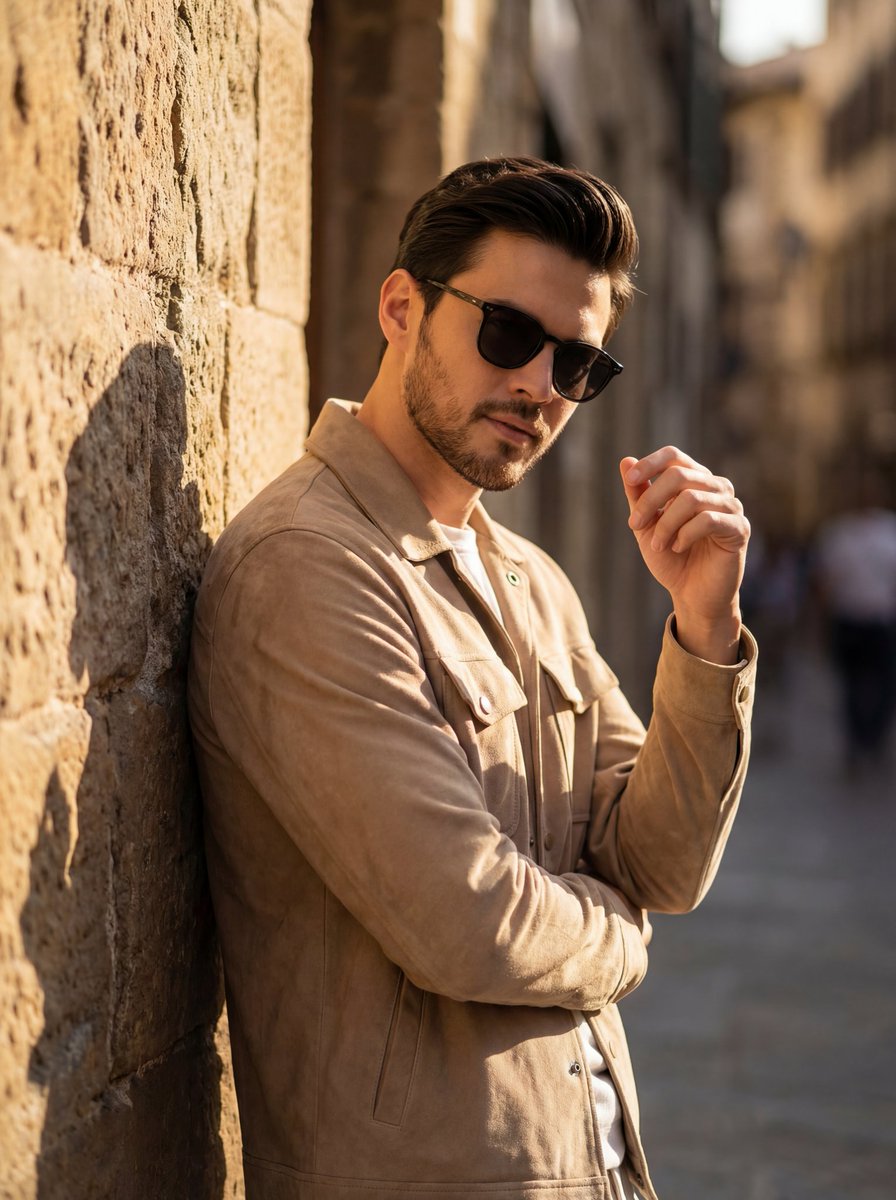 A cinematic golden hour portrait of a stylish man leaning aga...