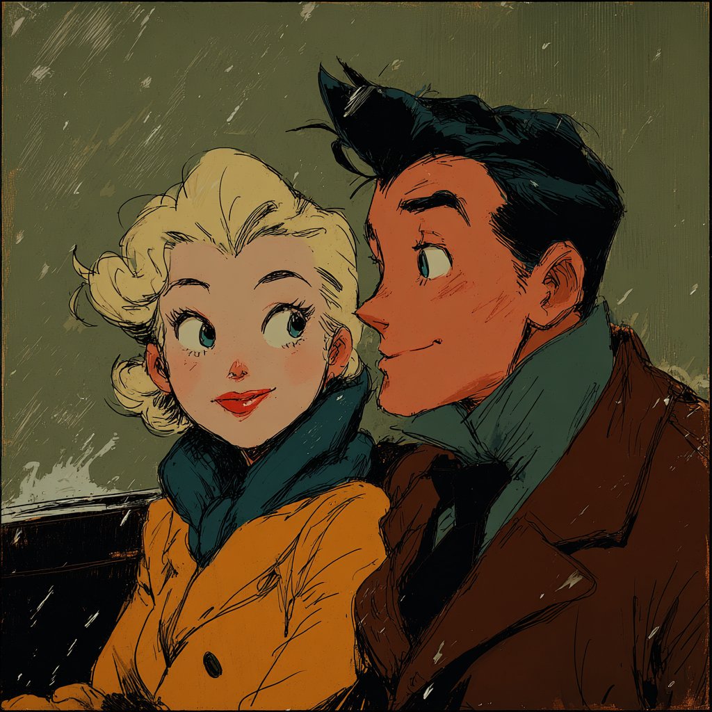 Take a look at this retro noir romantic sketch style: 3