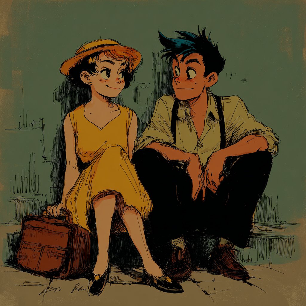 Take a look at this retro noir romantic sketch style: 4