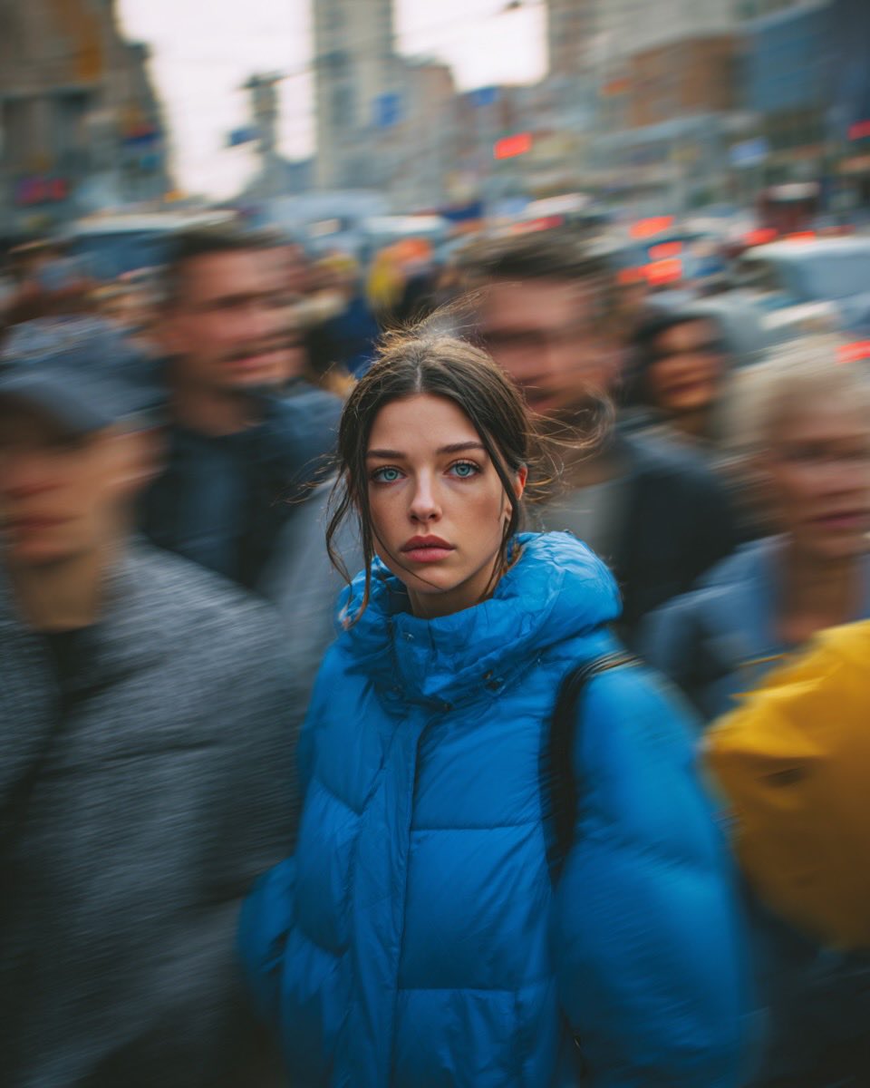 Ultra realistic cinematic street portrait of a young woman in...