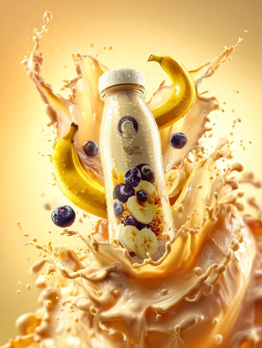 Premium banana milk drink bottle surrounded by swirling milk... 2
