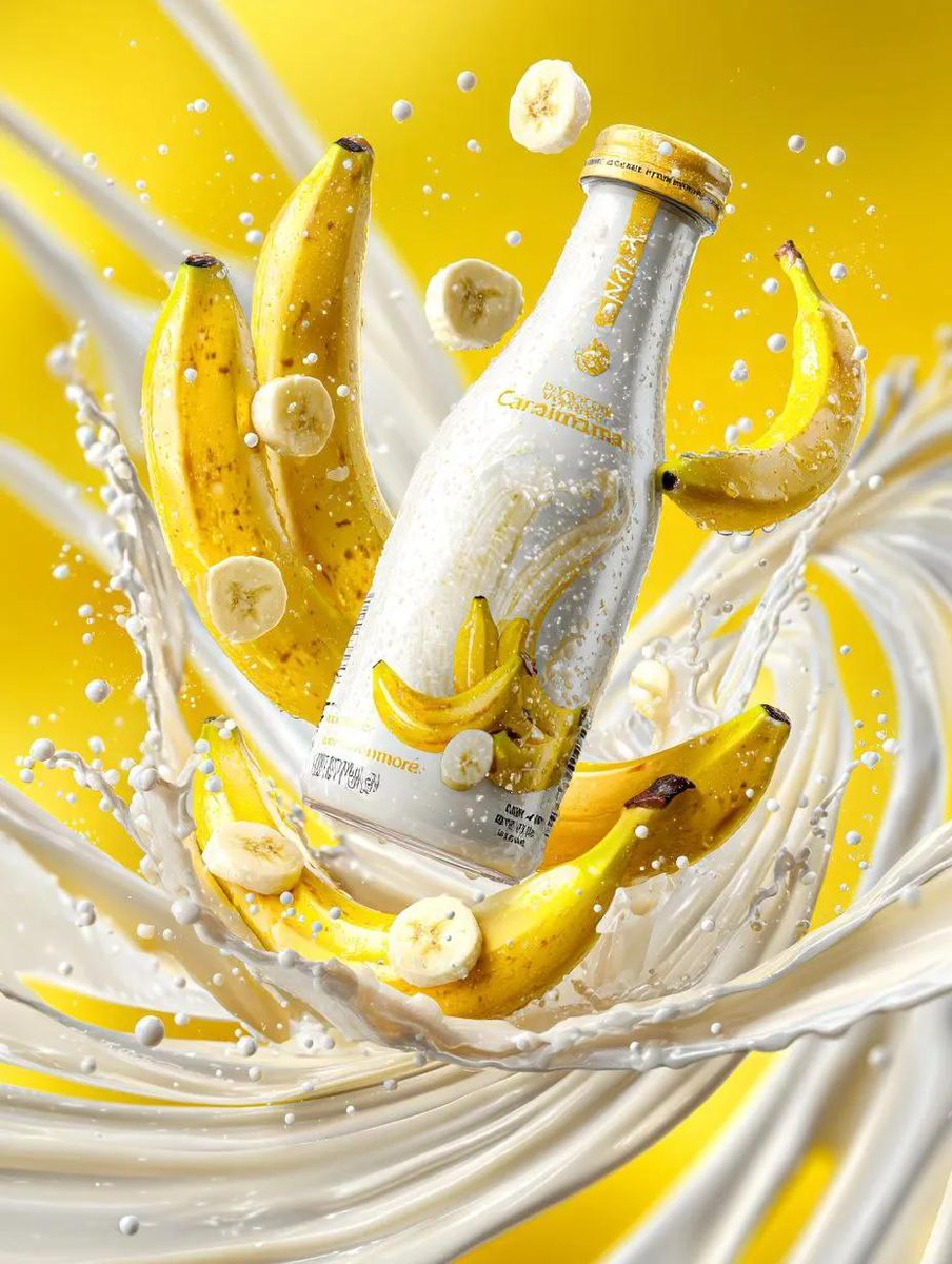 Premium banana milk drink bottle surrounded by swirling milk... 3