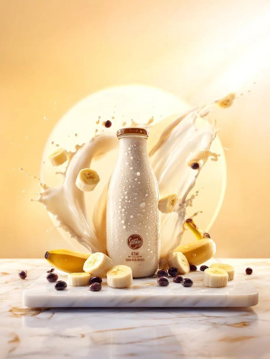 Premium banana milk drink bottle surrounded by swirling milk... 4