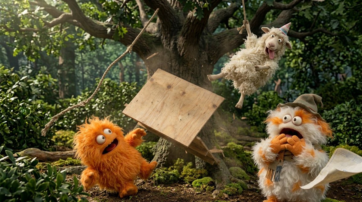 Create a funny 4 part story featuring 3 fluffy creatures buil... 2