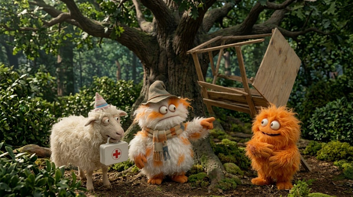 Create a funny 4 part story featuring 3 fluffy creatures buil... 3
