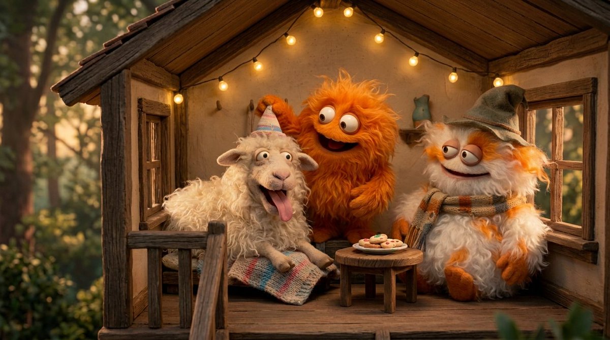 Create a funny 4 part story featuring 3 fluffy creatures buil... 4