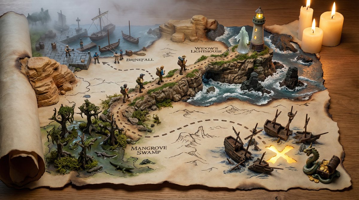 A hand drawn treasure map on aged parchment, with the adventu... 2