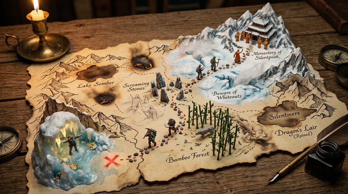 A hand drawn treasure map on aged parchment, with the adventu... 3