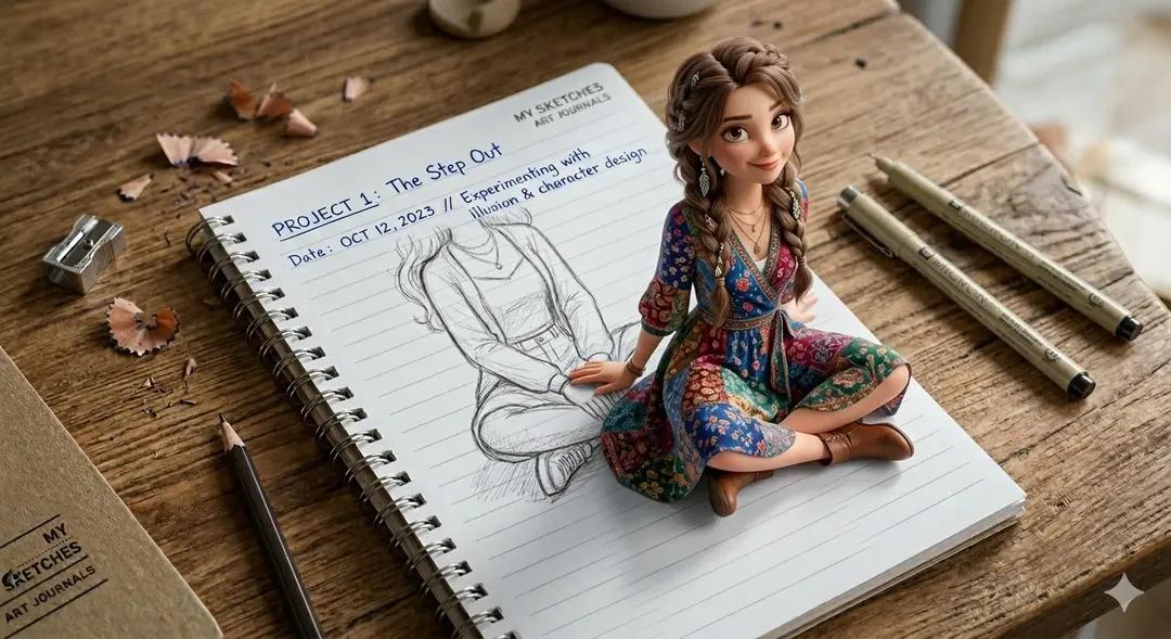 A creative 3D illusion artwork of a cute young girl stepping... 3