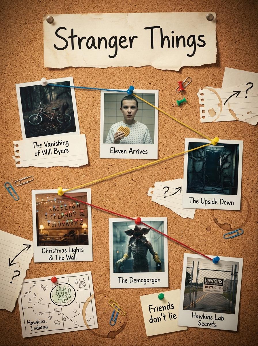 Generates a clean, cinematic 1080×1080 corkboard layout that...