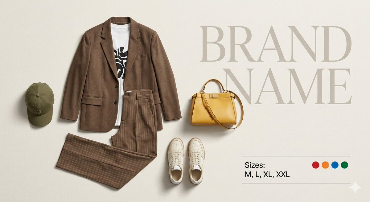 Create a premium fashion catalog flat lay on a clean soft bei...
