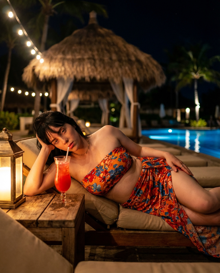 "prompt": "A woman relaxing poolside at a tropical resort at... 4