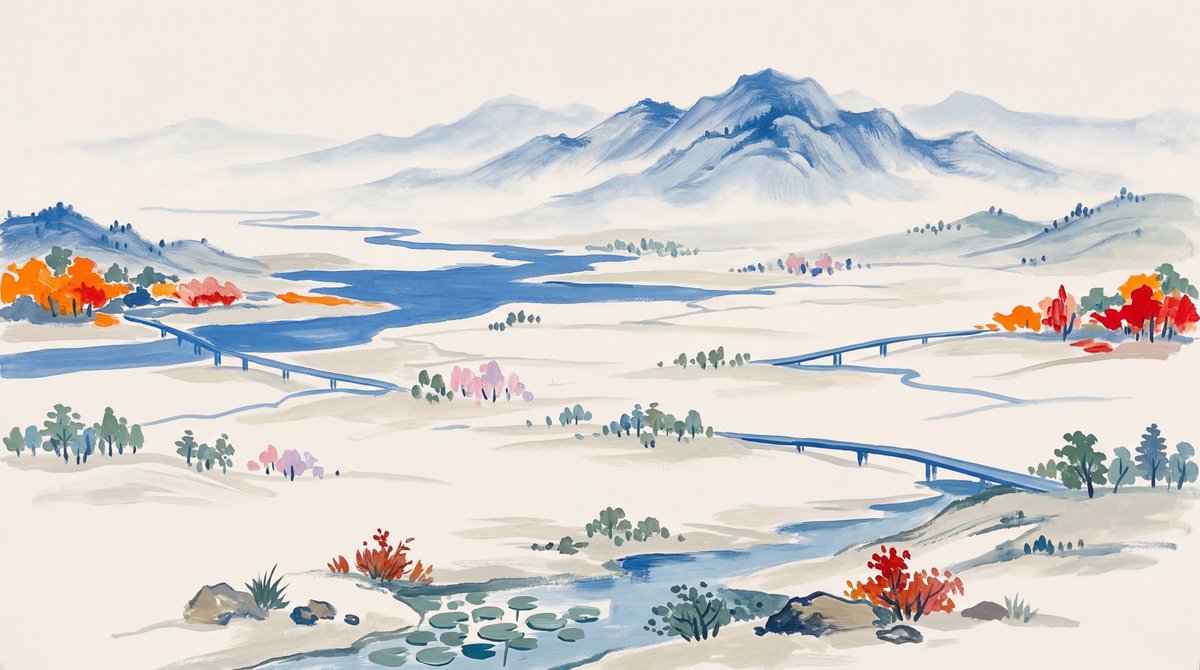 Using f6f4f0 as the main background, with 2d6dc3 as the main blue, and also incorporating some orange elements, I created a distant landscape painting.