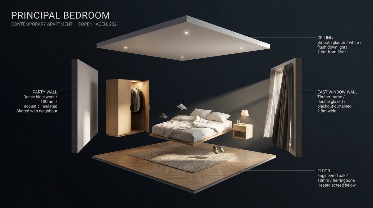 [ROOM TYPE] pulled apart in 3D, every surface and object floa... 2