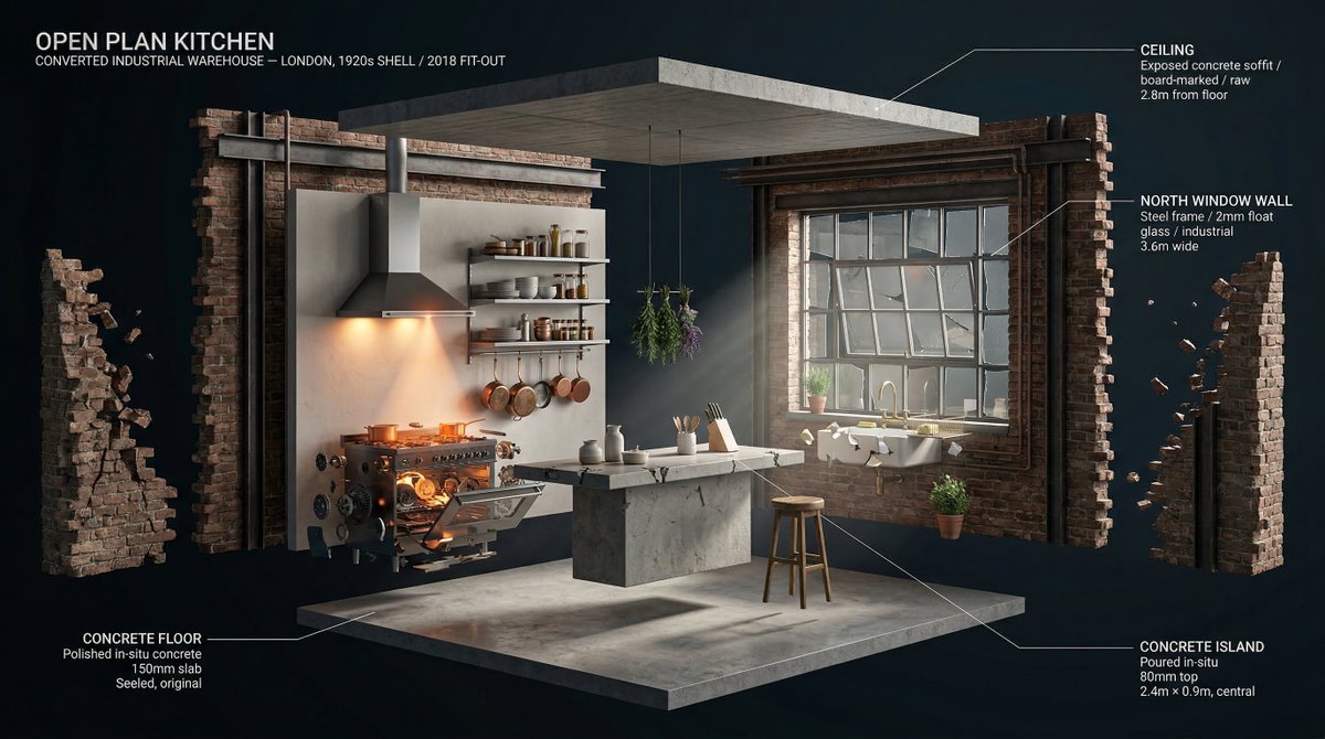 [ROOM TYPE] pulled apart in 3D, every surface and object floa... 3