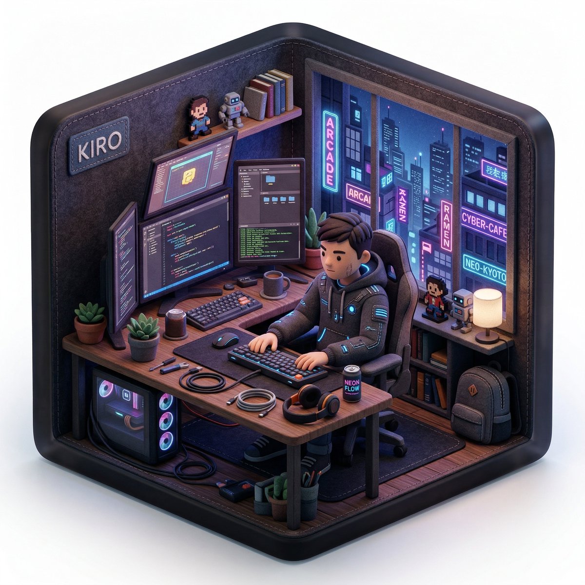 Create a 3D isometric diorama illustration of an original cha... 2