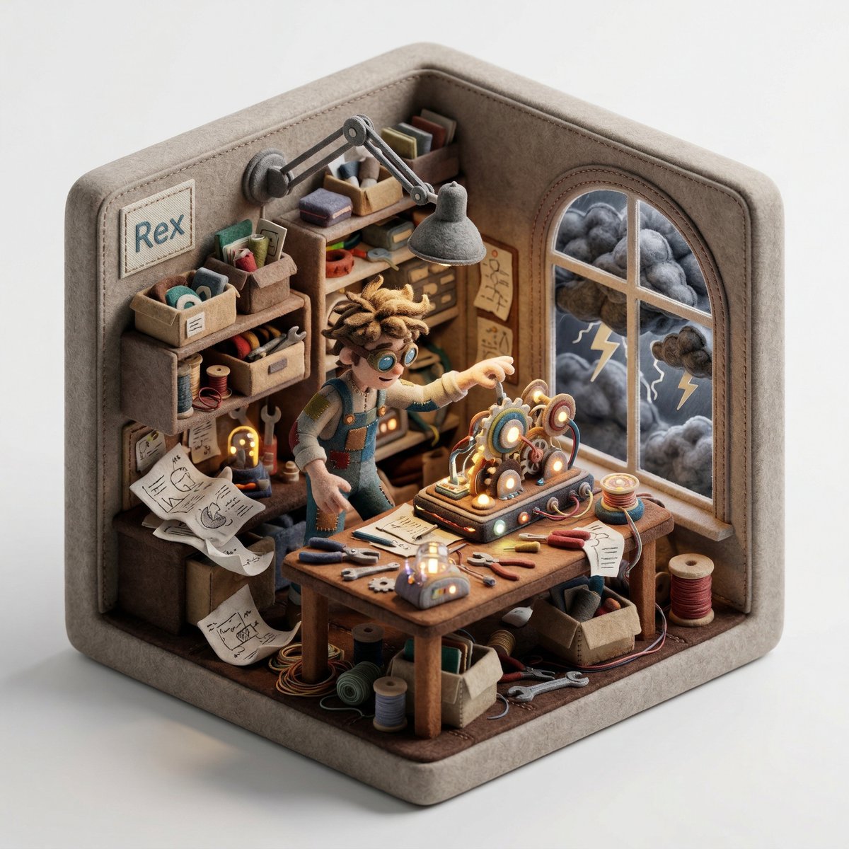Create a 3D isometric diorama illustration of an original cha... 3