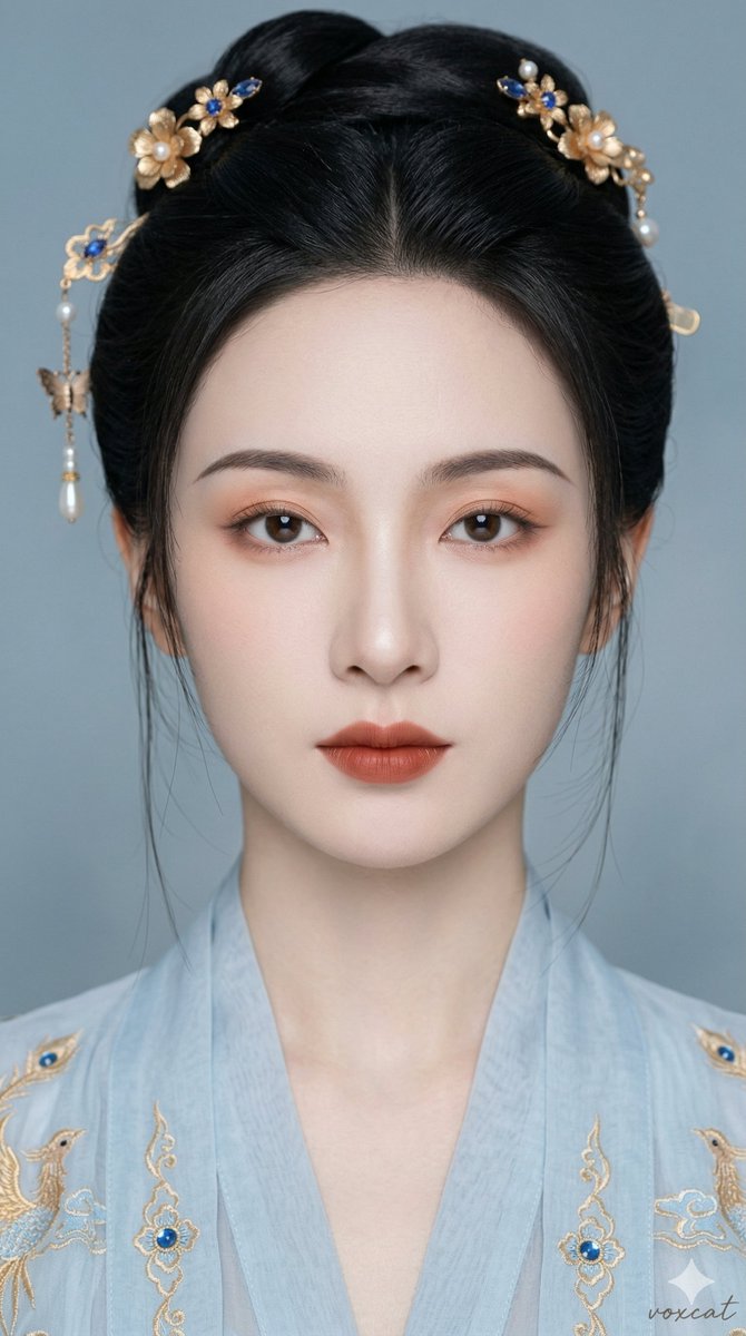 An elegant East Asian traditional-style front-facing portrait of a woman, an ultra-close-up tight shot of the face; the subject faces the camera head-on, head held upright, gaze directly at the lens, the face nearly filling the frame, the composition tightly focused, with the eyes positioned in the frame.