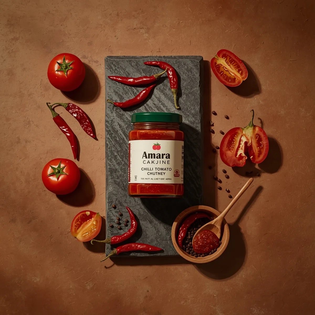 Top down premium food photography of a glass jar of chili tom...