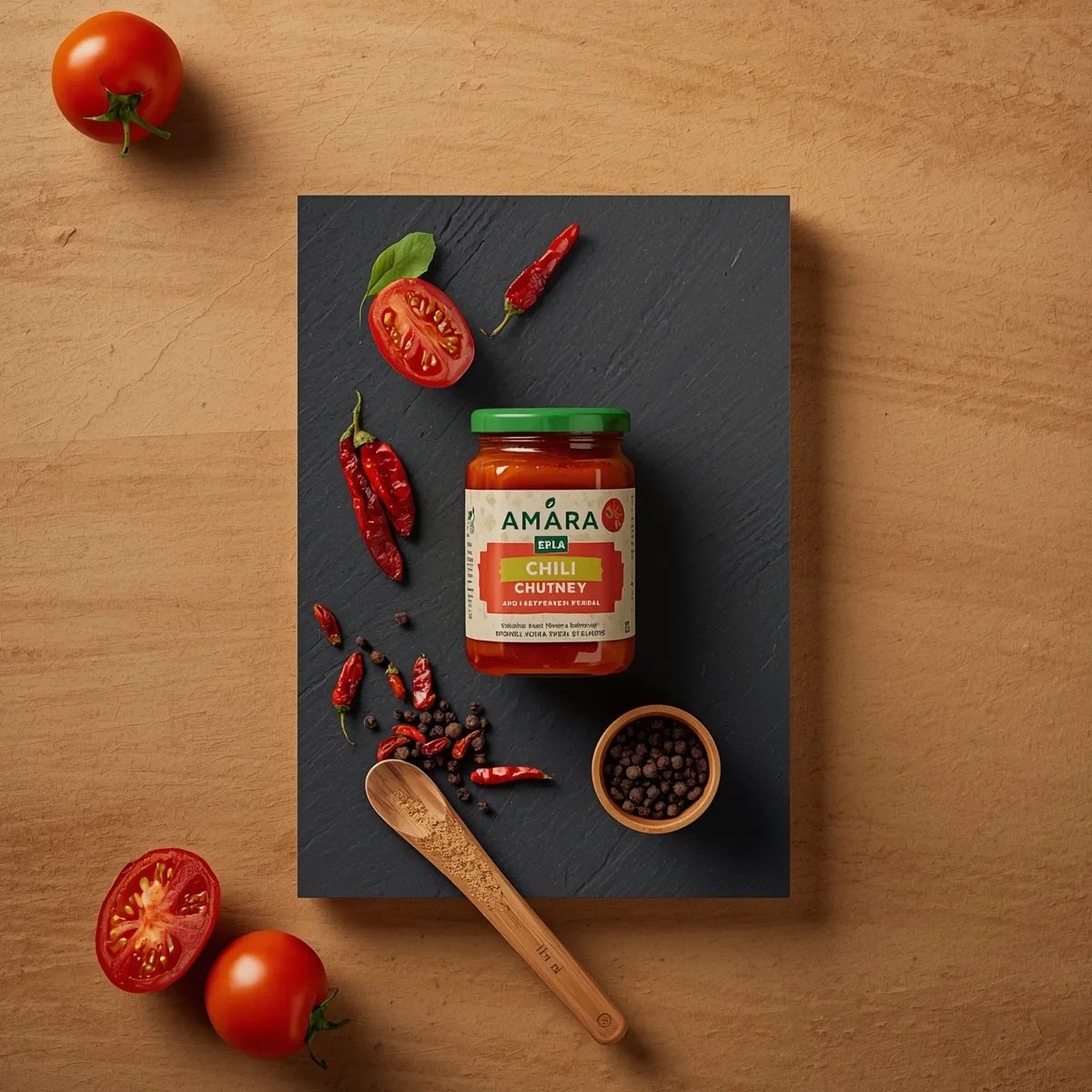 Top down premium food photography of a glass jar of chili tom... 2