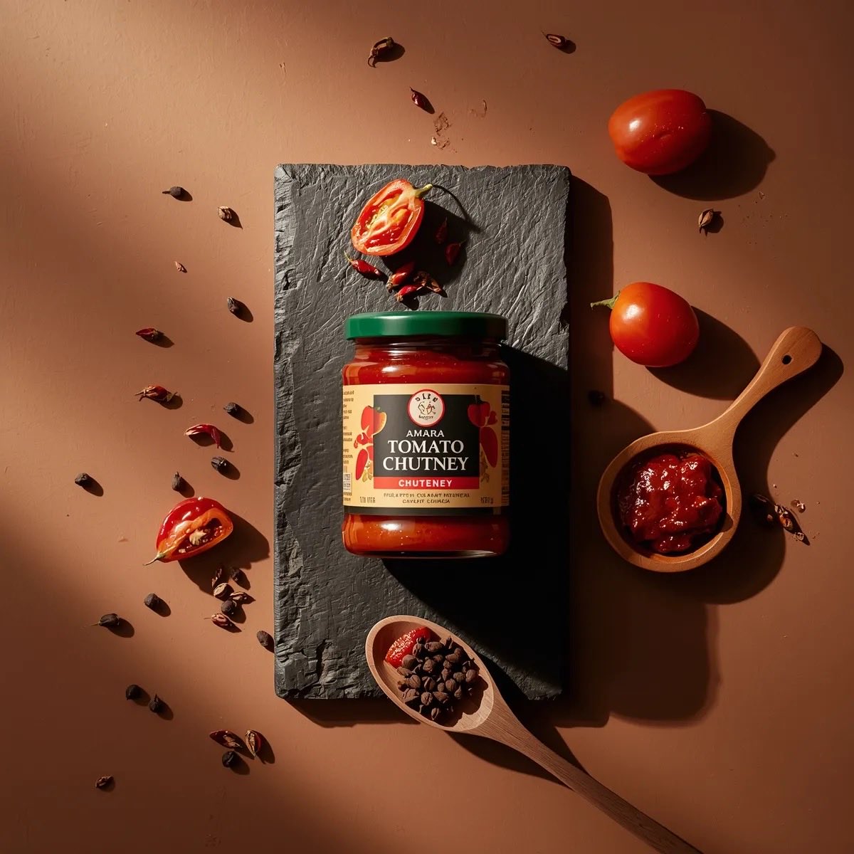 Top down premium food photography of a glass jar of chili tom... 3