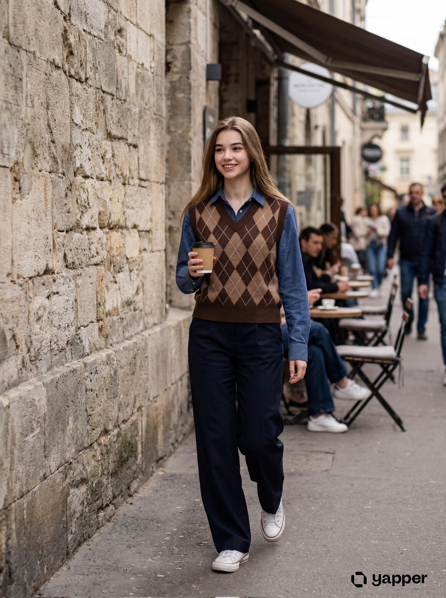 Urban life documentary photography: street scenes featuring a brown diamond-quilted vest and the feel of natural light.